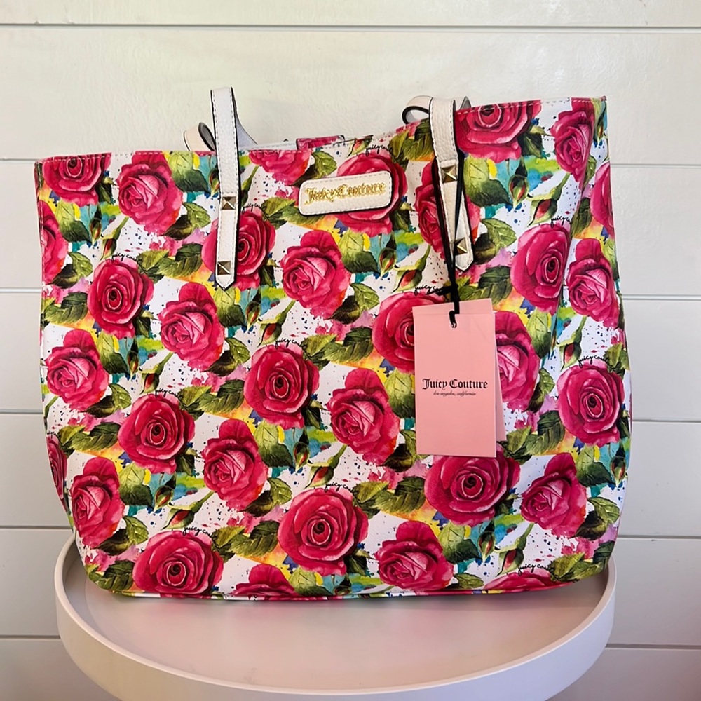 NWT JUICY COUTURE WHITE MULTI ROSE DAY TO DATE TOTE with 2 in 1 pull out pouch